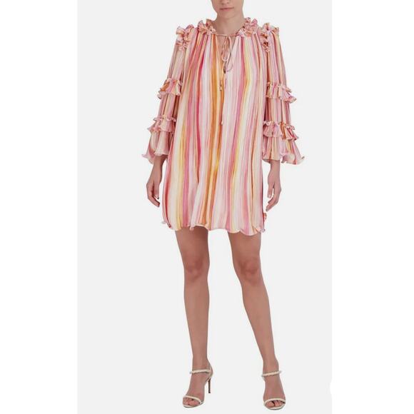 BCBG Max Azria Women's Mini Pleated Shift Dress Multi Color Size 2 NWT Wire Hem - Picture 1 of 15